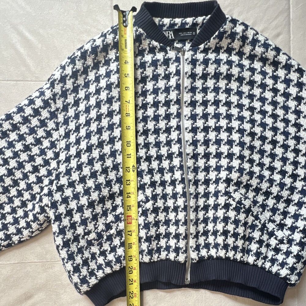 ZARA Women’s Navy/White Houndstooth Bomber Jacket L Zip Front Lined - Picture 6 of 10